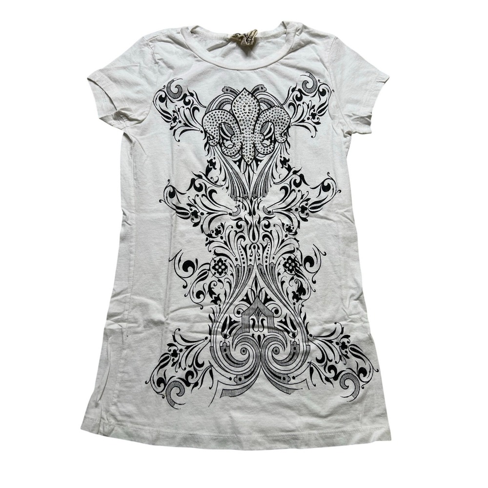 Vocal Graphic T-Shirt Women Medium White Fleur De Lis Rhinestone Y2K Tee